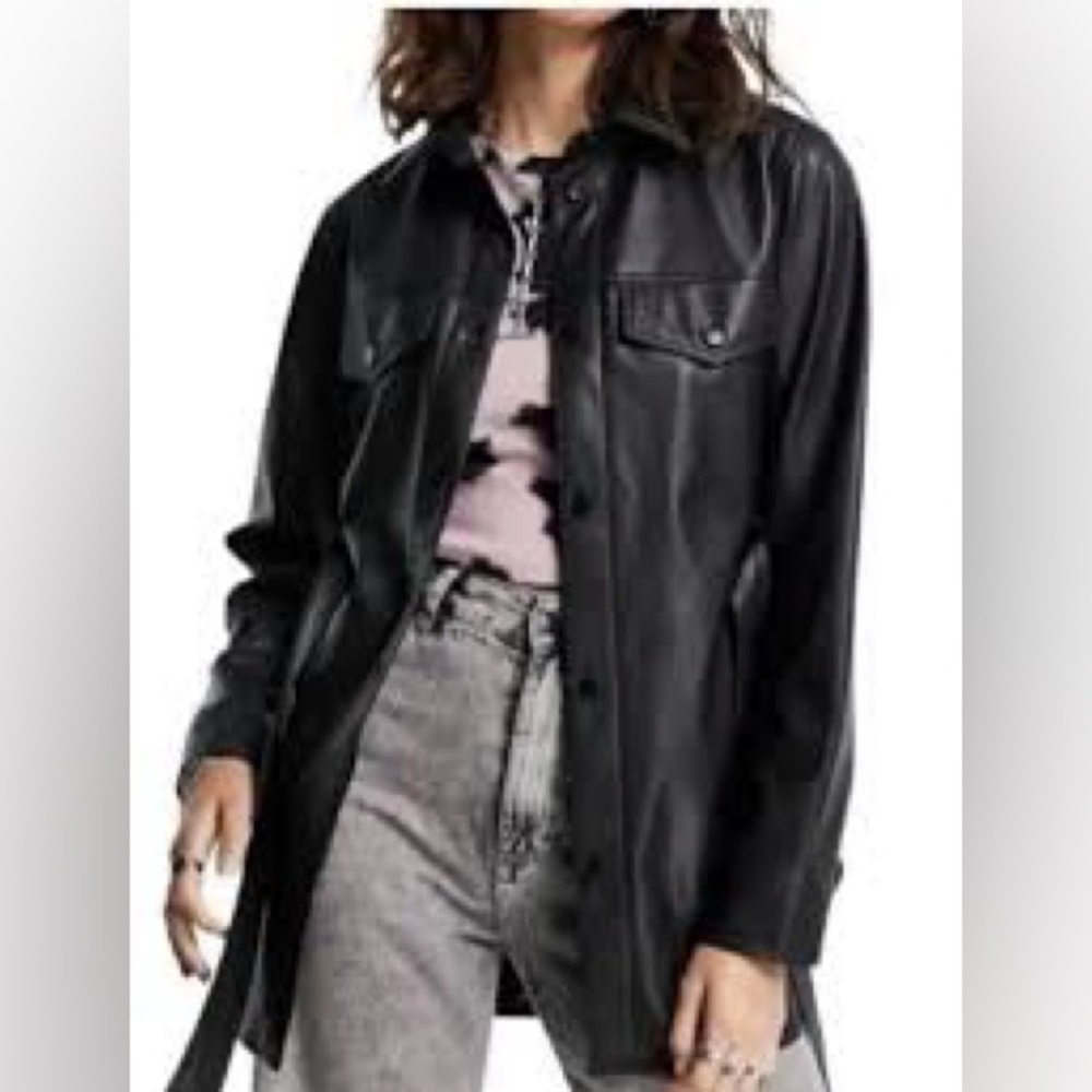 Rebecca Minkoff faux vegan Leather snap up shirt Jacket black pockets size XL